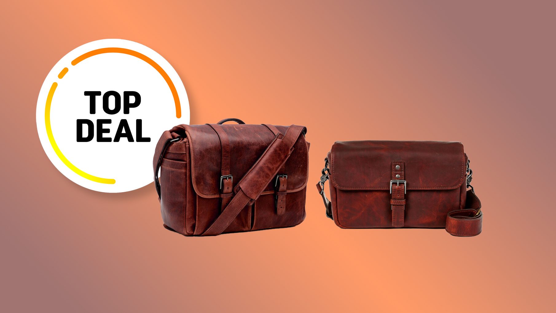 Two Ona leather camera bags with an icon for top deal