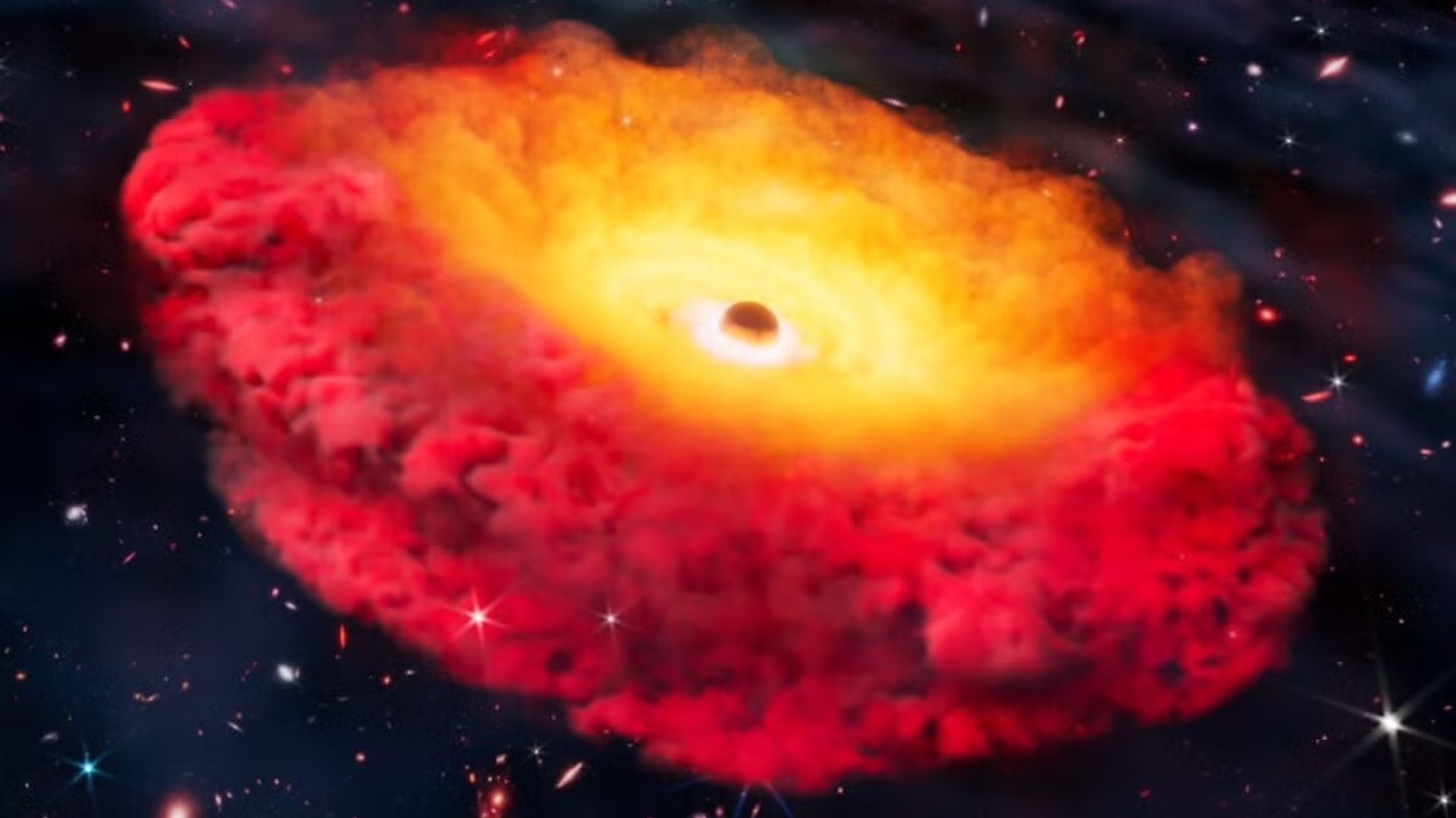 詹姆斯·韦伯望远镜发现已知宇宙中最早的黑洞,看像是“你实际上能追溯走回到最远的地方” An illustration of a swirling orange and red cloud with a black hole at its center