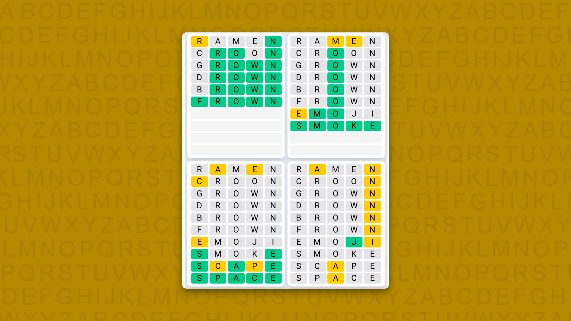 Quordle Daily Sequence answers for game 1644 on a yellow background