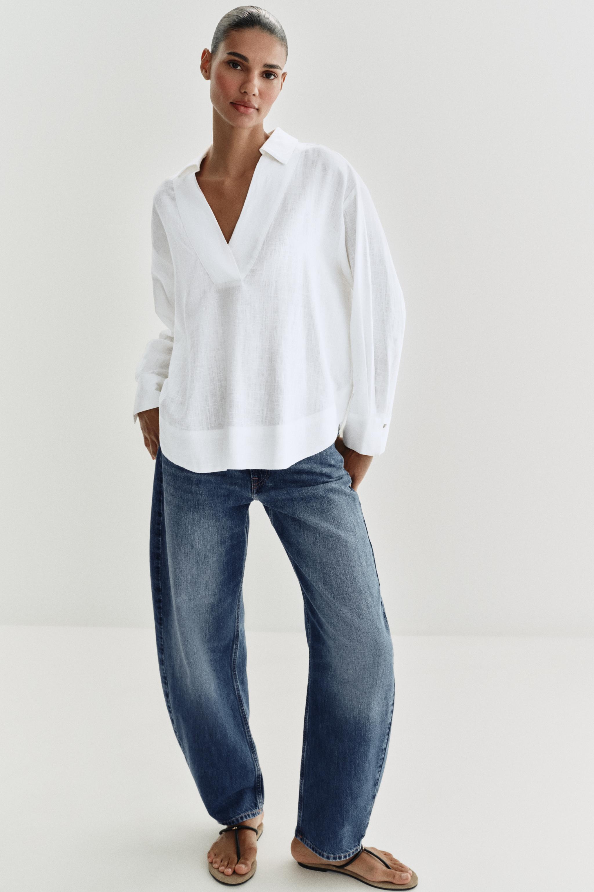 Linen Blend Blouse With Polo Collar