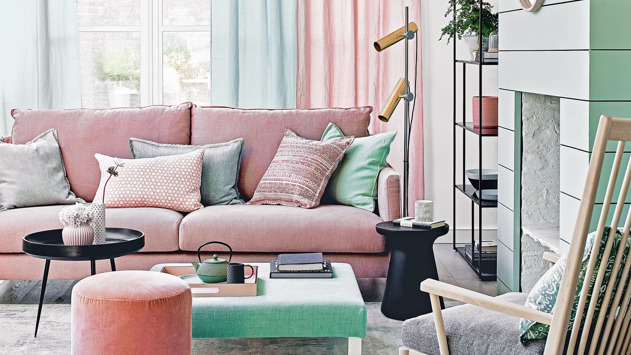 Living room with small black side table and floor lamp