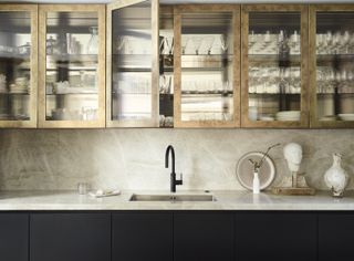 modern brass kitchen cabinets with brass trim