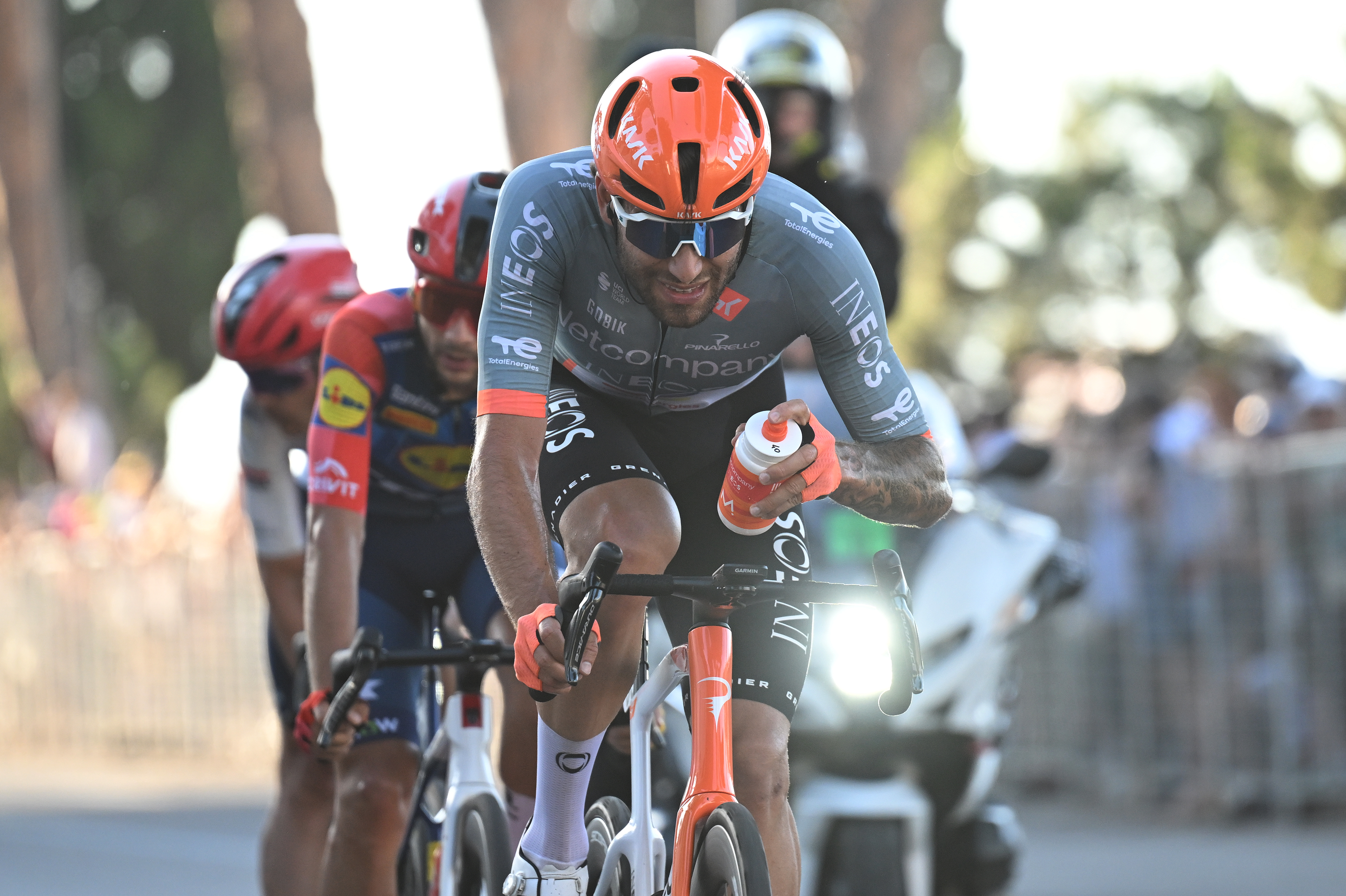ROME, ITALY - MAY 31: Filippo Ganna of Italy and Netcompany INEOS Cycling Team leads the breakaway during the 109th Giro d&amp;amp;apos;Italia 2026, Stage 21 a 131km stage from Rome to Rome 1289m / #UCIWT / on May 31, 2026 in Rome, Italy. (Photo by Dario Belingheri/Getty Images)