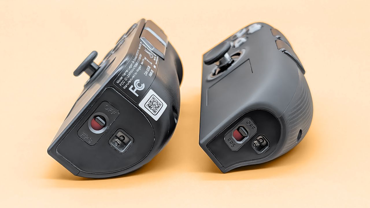 A bottom view of the Lenovo Legion Go 2 and original Legion Go FPS mode switches.