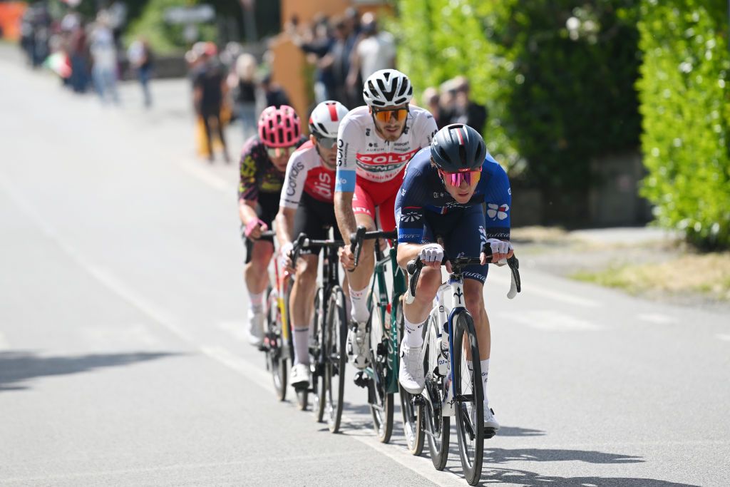LUCCA ITALY MAY 08 LR Andrea Pietrobon of Italy and Team Polti Kometa and Enzo Paleni of France and Team Groupama FDJ compete in the breakaway during the 107th Giro dItalia 2024 Stage 5 a 178km stage from Genova to Lucca UCIWT on May 08 2024 in Lucca Italy Photo by Dario BelingheriGetty Images