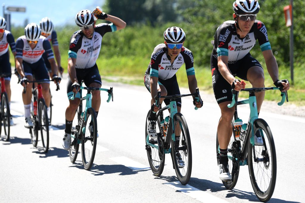 LEUKERBAD SWITZERLAND JUNE 10 Johan Esteban Chaves Rubio of Colombia and Team Bikeexchange and Teammates during the 84th Tour de Suisse 2021 Stage 5 a 1752km stage from Gstaad to Leukerbad 1385m UCIworldtour tds tourdesuisse on June 10 2021 in Leukerbad Switzerland Photo by Tim de WaeleGetty Images