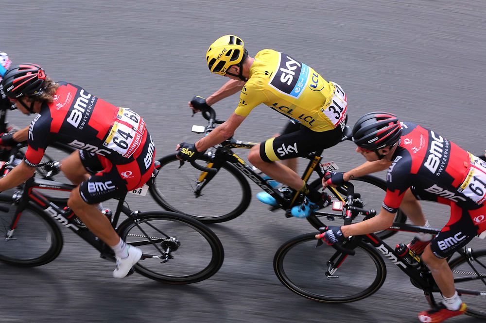 Chris froome rides in the bunch during stage 15.