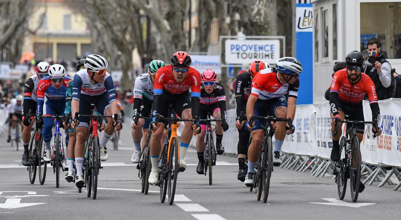 Tour de la Provence 2021 6th Edition 4th stage Avignon SalondeProvence 1632 km 14022021 Phil Bauhaus GER Bahrain Victorious Davide Ballerini ITA Deceuninck QuickStep Nacer Bouhanni FRA Team Arkea Samsic photo William Cannarella CVBettiniPhoto2021
