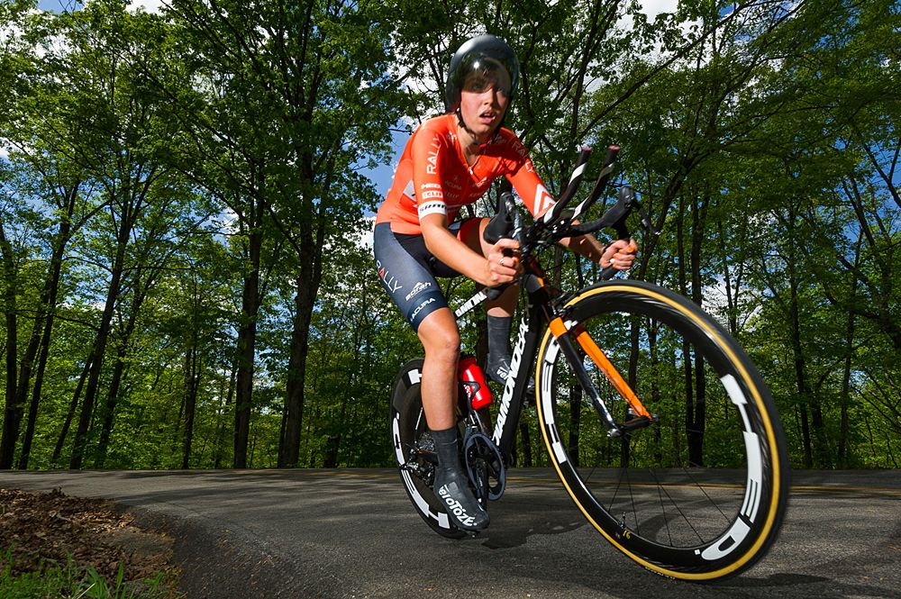 A Rally Cycling (Canada) makes her way up the switchback section of the course.