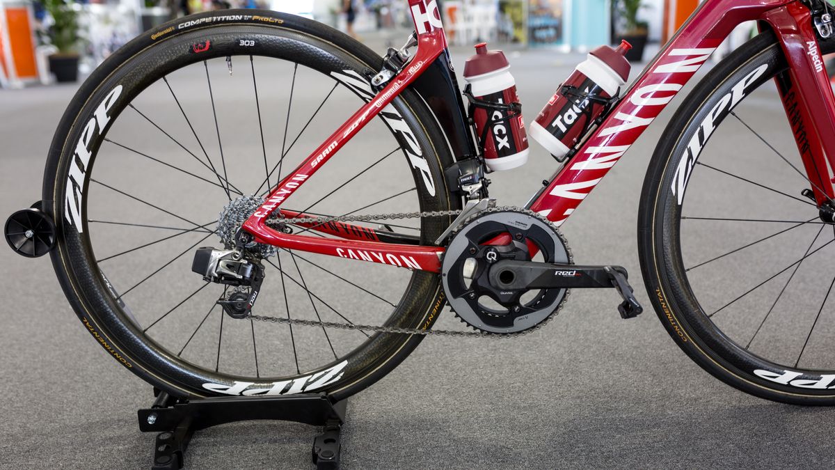 The bike is equipped with SRAM Red eTap
