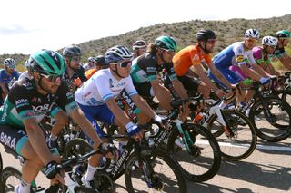 VILLASANAGUSTIN ARGENTINA JANUARY 29 Leonardo Basso of Italy and Italy National Team Oscar Gatto of Italy and Team BoraHansgrohe Remco Evenepoel of Belgium and Deceuninck QuickStep Team White Leader Jersey Peter Sagan of Slovakia and Team BoraHansgrohe Daniel Oss of Italy and Team BoraHansgrohe Bert Van Lerberghe of Belgium and Deceuninck QuickStep Team Peloton during the 38th Vuelta a San Juan International 2020 Stage 4 a 1858km stage from San Jos de Jchal to Valle Frtil Villa San Agustn 894m vueltasanjuanok VueltaSJ on January 29 2020 in Villa San Agustn Argentina Photo by Maximiliano BlancoGetty Images