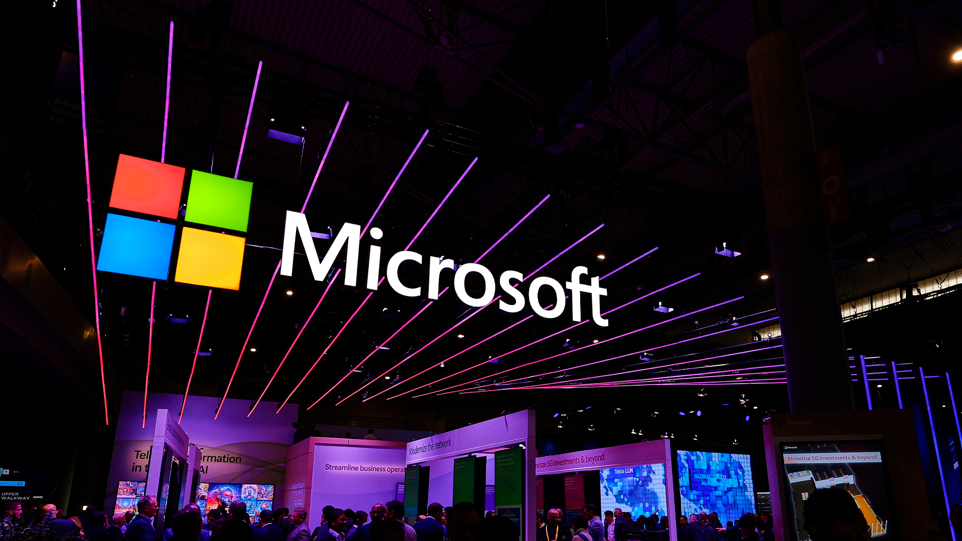 Microsoft logo and branding pictured at the company's vendor stall at Mobile World Congress (MWC) in Barcelona, Spain.