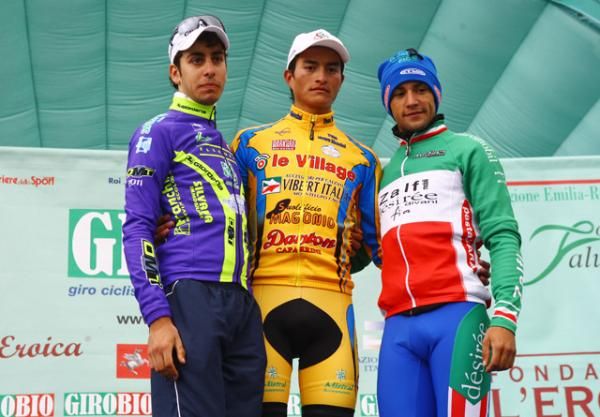 Stage five podium (l-r): Fabio Aru, 2nd; Winner Andrew Anacona Gomez, 1st; Stefano Agostini, 3rd.