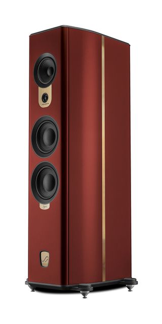 Audio Solutions Figaro M2 in a red finish on a white background
