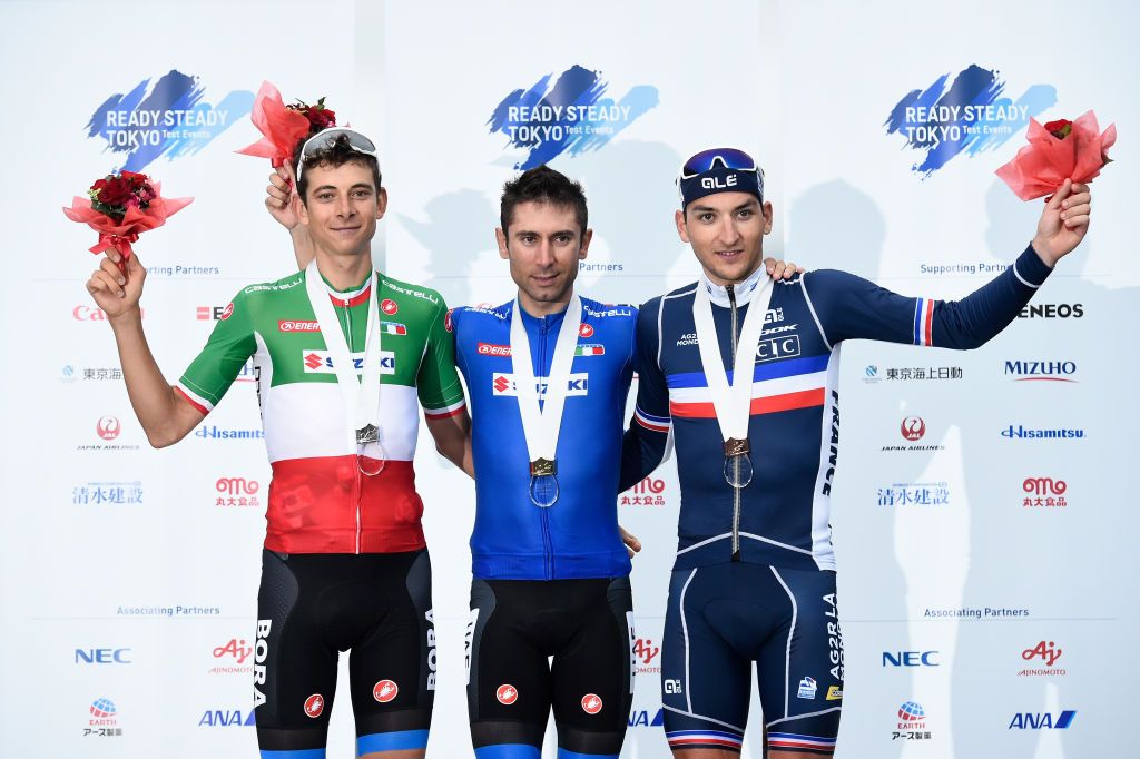 Davide Formolo, Diego Ulissi and Nans Peters on the podium in Tokyo