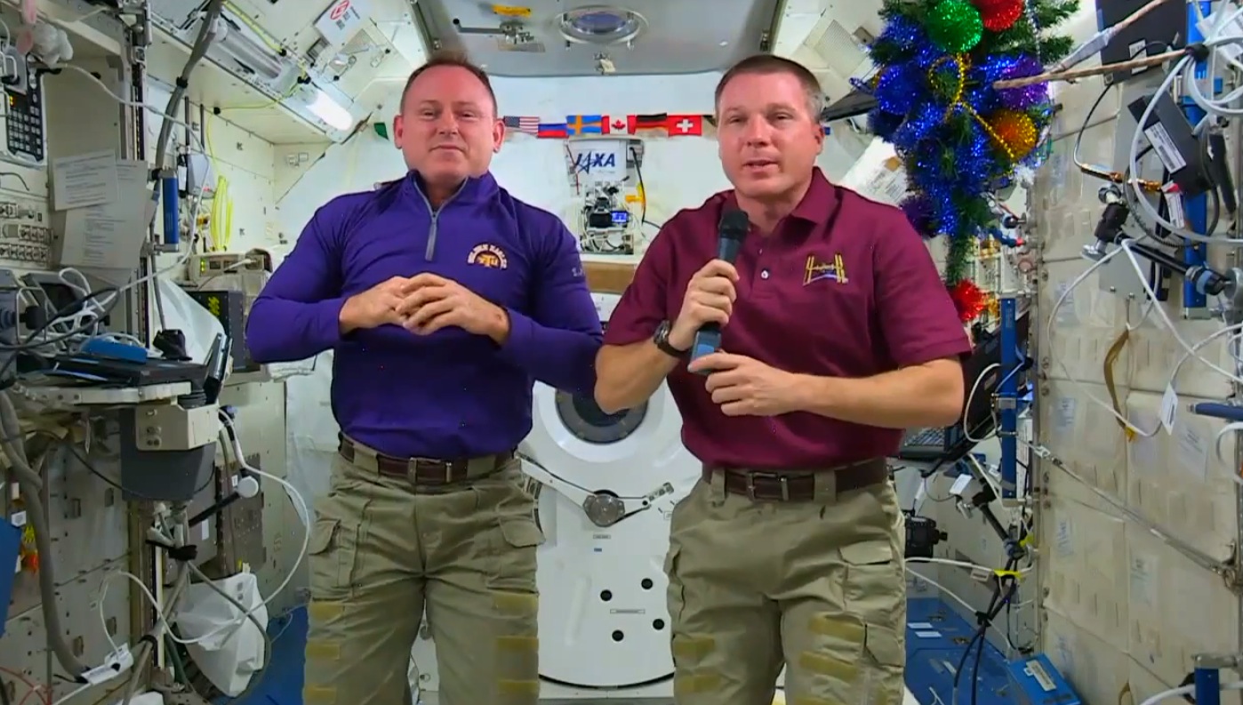 NASA astronauts Barry &quot;Butch&quot; Wlimore (left) and Terry Virts discuss Christmas plans aboard the International Space Station during an interview on Dec. 22, 2014.