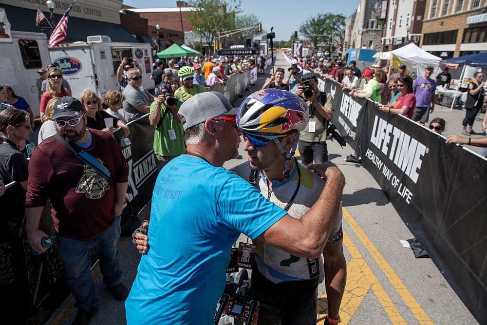 Colin Strickland was congratulated by Dirty Kanza founder Jim Cummins after taking the win and setting the first sub ten-hour DK200.