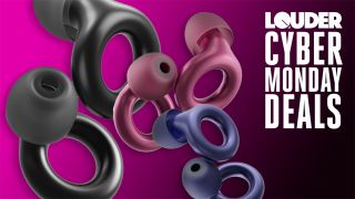 Three pairs of Loop Experience 2 earplugs on a purple and black background with the words "Louder Cyber Monday deals" in the top right corner.