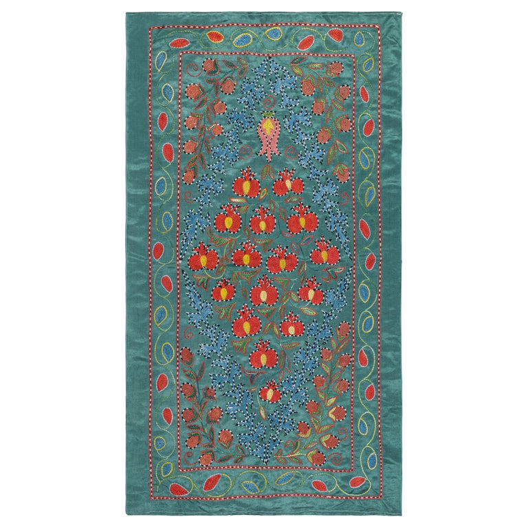 21x38 in Embroidered 100% Silk Wall Hanging, Teal Blue Tablecloth, Wall Decor