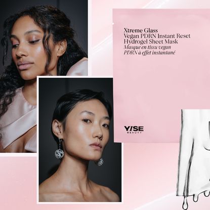 YISE beauyt xtreme glass face mask on a pink background next to models