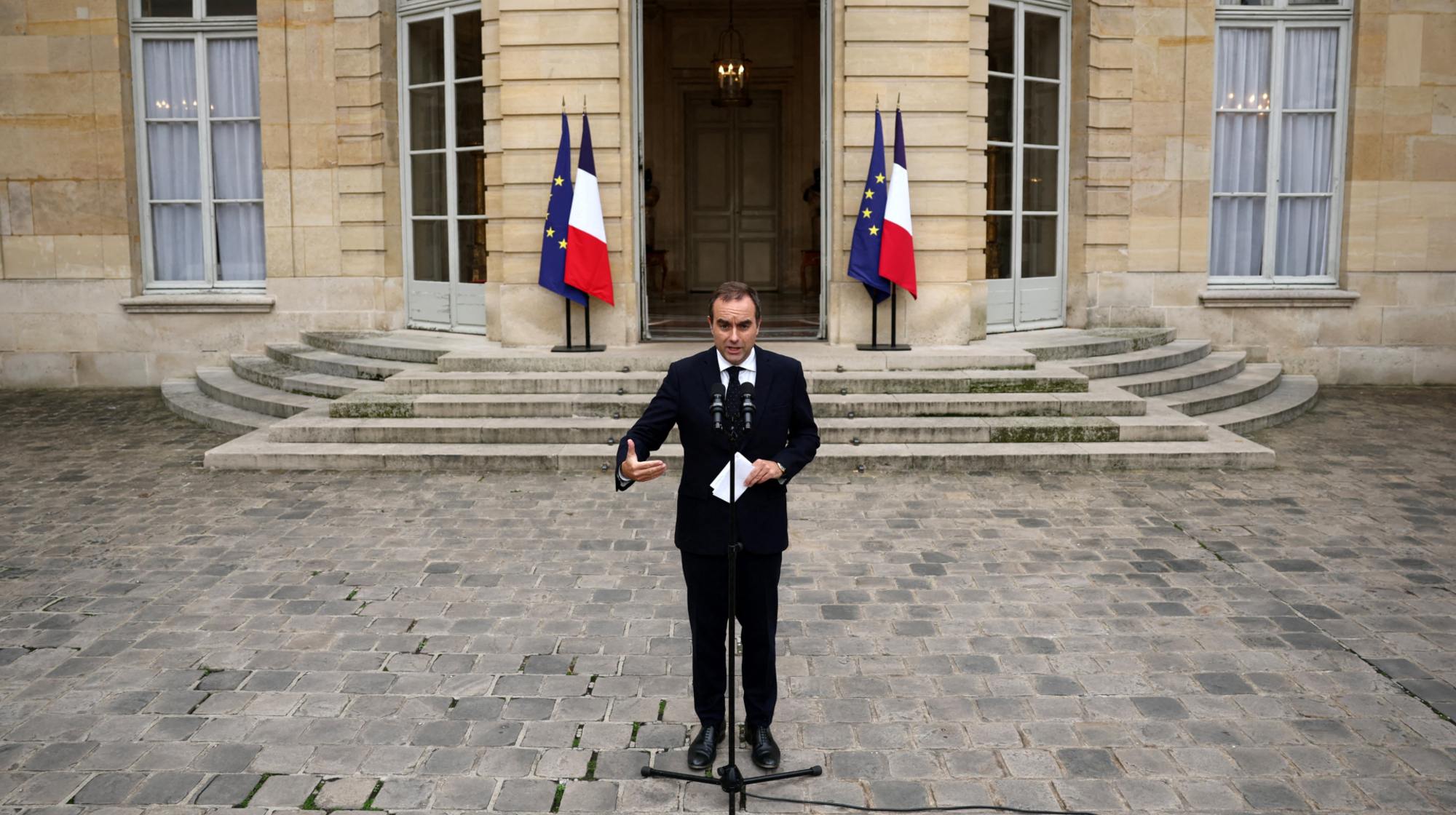 Outgoing French Prime Minister Sebastien Lecornu, who submitted his government's resignation to the French President this morning, delivers a statement at the Hotel Matignon in Paris, on October 6, 2025. France's President Emmanuel Macron on October 6, 2025 accepted Prime Minister Sebastien Lecornu's resignation, the presidency said, plunging the European nation further into political deadlock. Macron named Lecornu last month to the post, but the largely unchanged cabinet lineup he unveiled late October 5, 2025 was met with fierce criticism across the political spectrum.