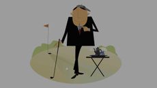 Cartoon of a suited golfer taking tea on a green