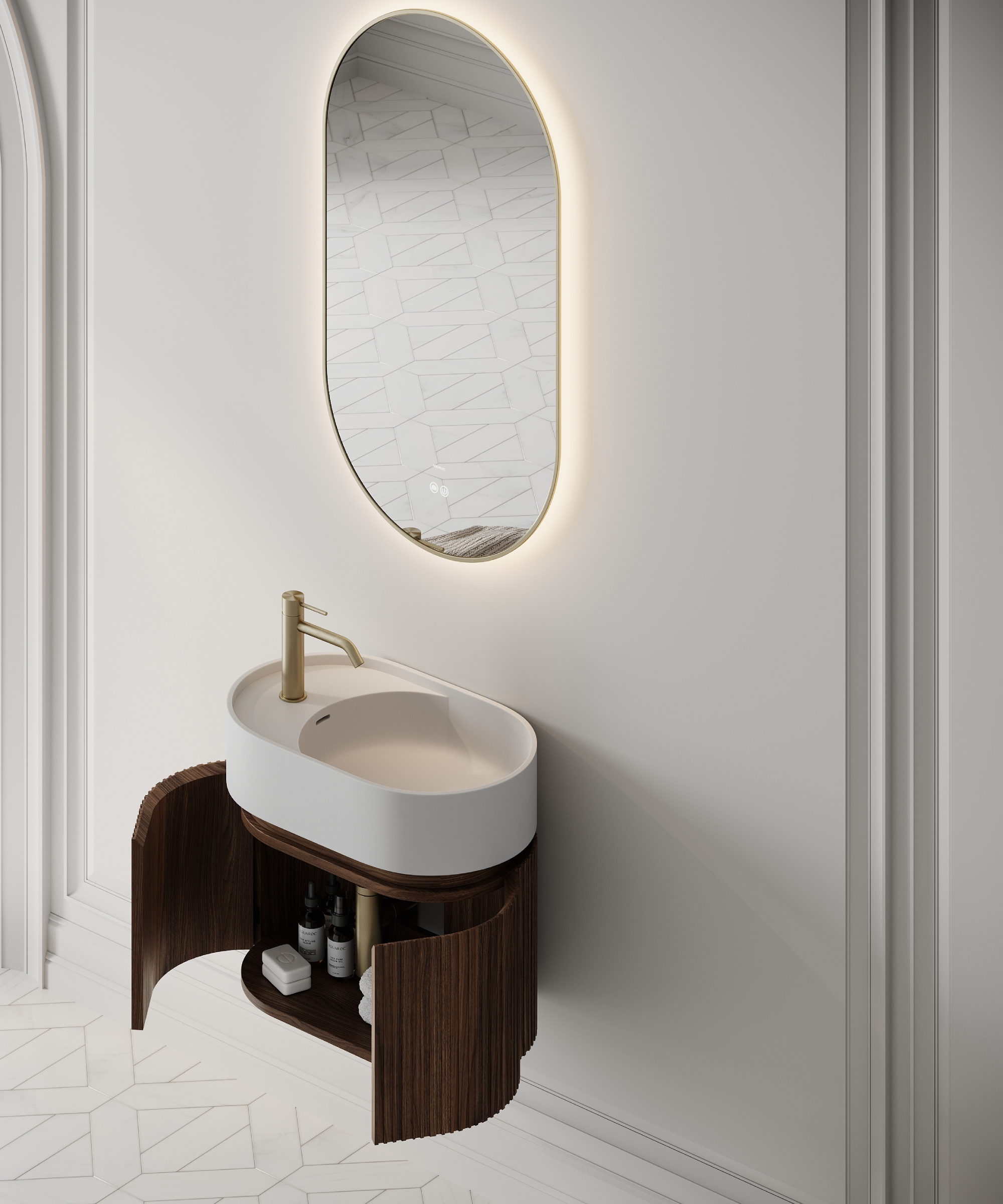 small curved wall mounted dark wooden vanity unit with white basin mounted on white wall with lozenge shape mirror above