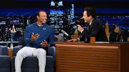 Tiger Woods chats to Jimmy Fallon on The Tonight Show in April 2024