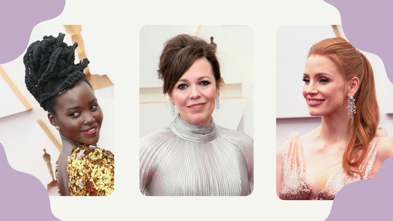 Three of the best oscars red carpet hairstyles on Lupita Nyong&#039;o, Olivia Colman and Jessica Chastain 