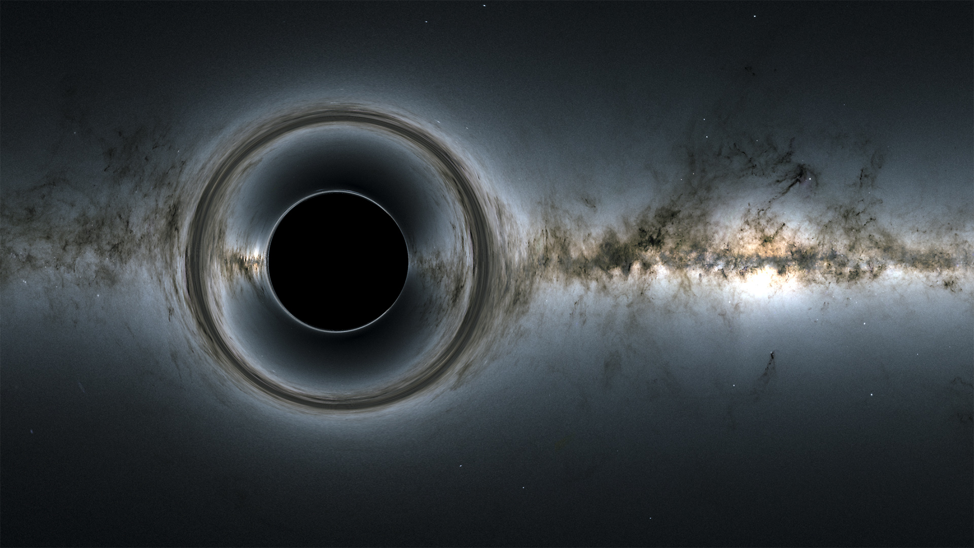 Artist's illustration showing a large black circular void to the left side of the image, in the background are many stars, dust clouds and gas.