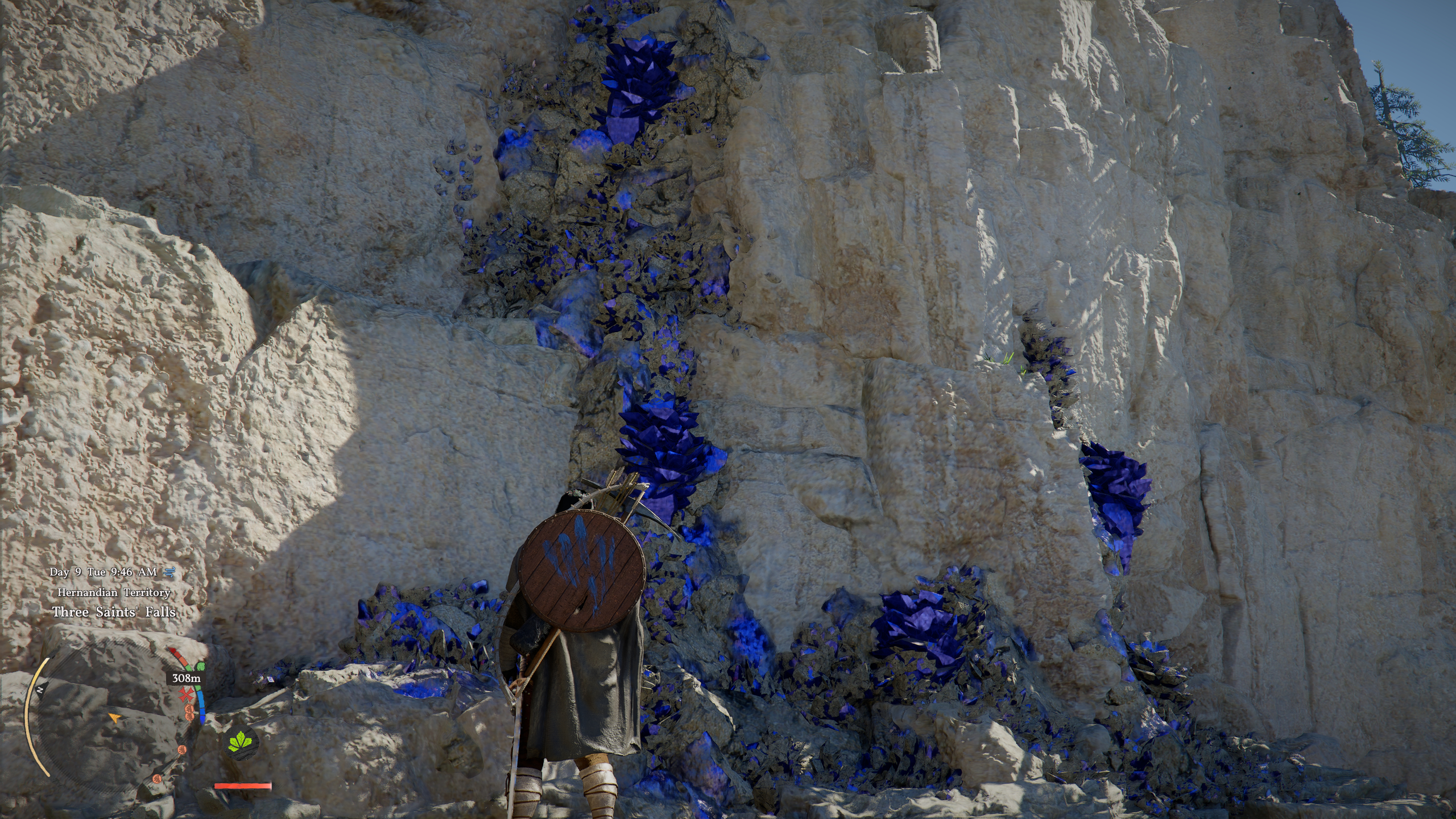Crimson Desert Azurite: Kliff looking at a deposit of blue Azurite ore in a cliff.