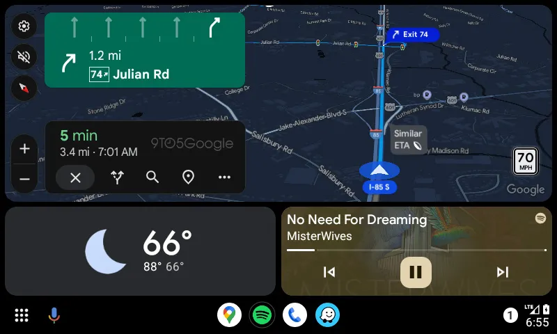 Screenshot of the updated lane assist user interface in Android Auto.