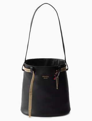 Prada Buckle Leather Bucket Bag With Jeweled Belt