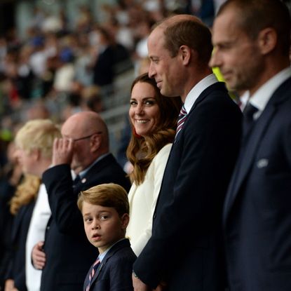 london, england july 11 prince george of cambridge, catherine, duchess of cambridge, and prince william, duke of cambridge and president of the football association fa are seen in the stands prior to the uefa euro 2020 championship final between italy and england at wembley stadium on july 11, 2021 in london, england photo by eamonn mccormack uefauefa via getty images