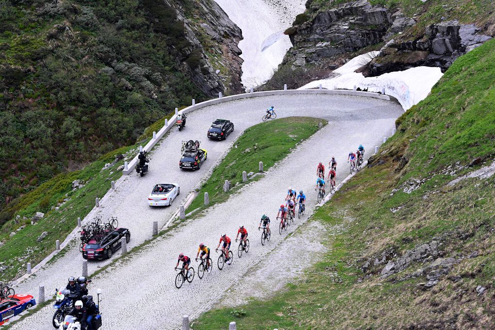 The yellow jersey group on the final climb during stage 7 at Tour de Suisse