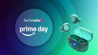 Jlab Go Pop ANC on multicolored background with the words 'TechRadar: Prime Day' positioned on the left side of the image