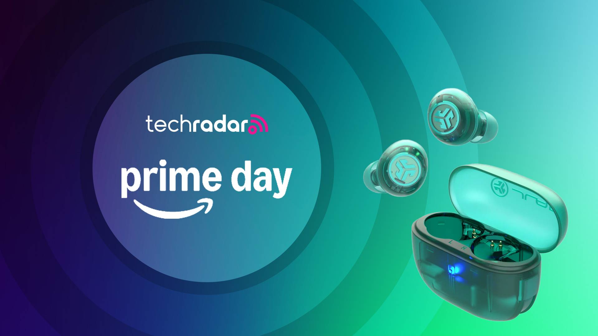Jlab Go Pop ANC on multicolored background with the words &#039;TechRadar: Prime Day&#039; positioned on the left side of the image