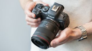 Canon RF 35mm f/1.4L VCM lens attached to a Canon EOS R6 Mark II camera held up in a person's hands