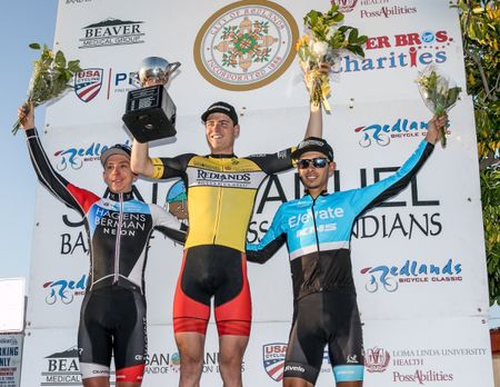 Kevin Vermaerke (Axeon), winner Cory Lockwood and Eder Frayre on the Redlands overall podium