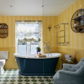 A bathroom with yellow walls and a bathtub