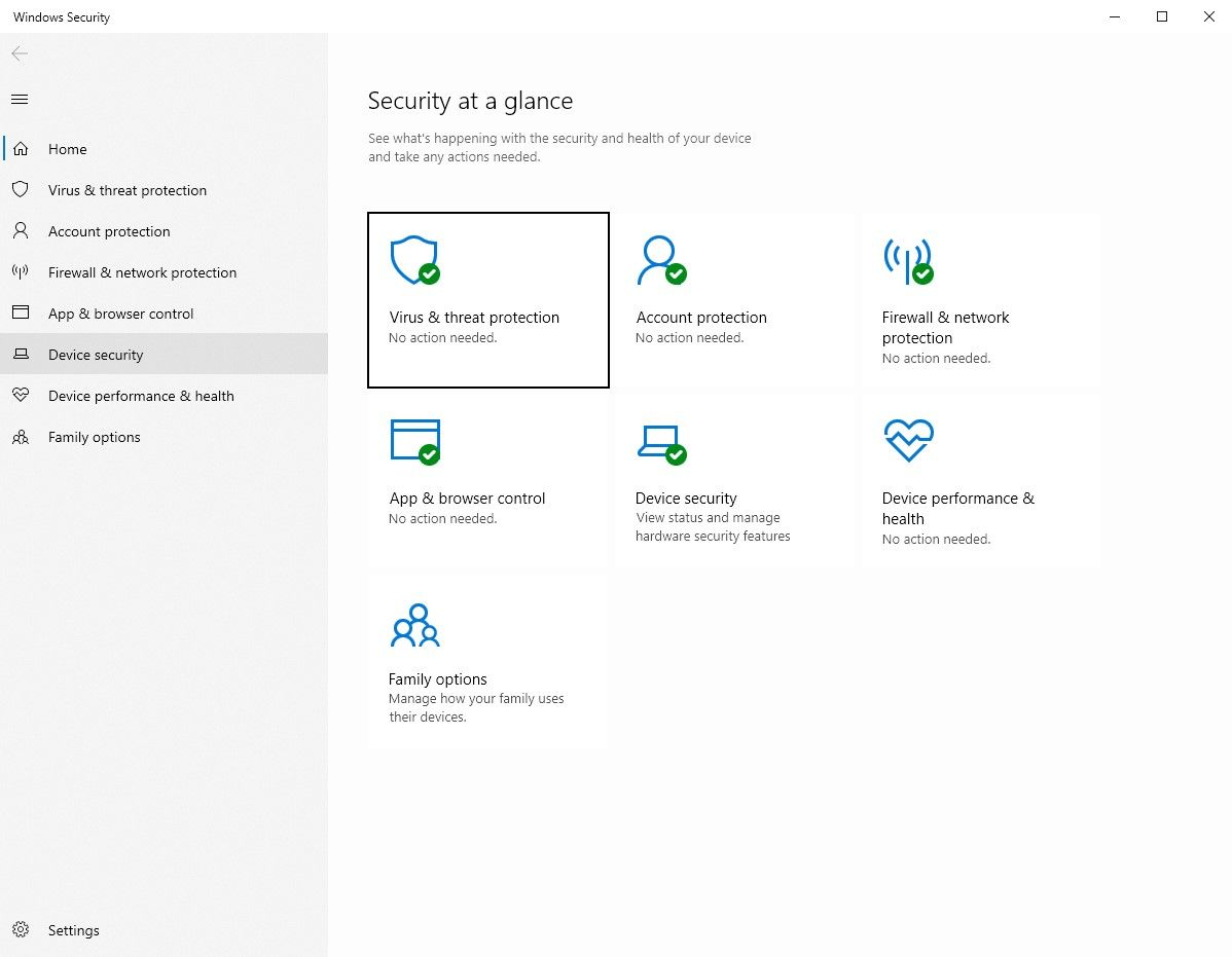 Device security window in Windows 10