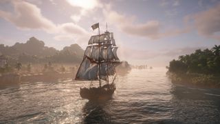 A large ship with white sails sailing between two land masses in Assassin's Creed Black Flag Resynced