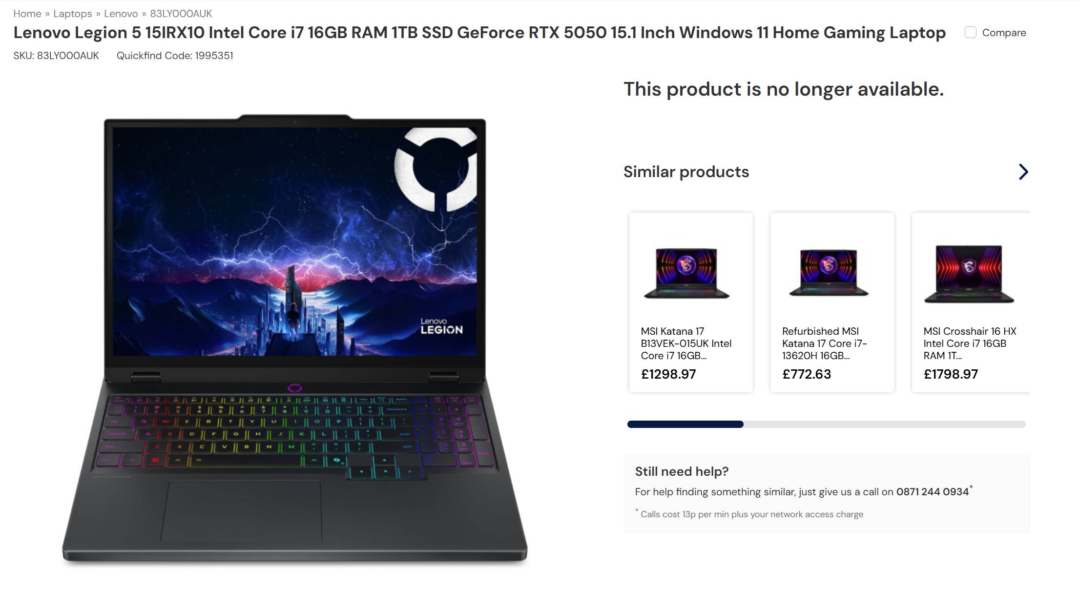 Screenshot of Laptops Direct Lenovo Legion 5 with RTX 5050 listing