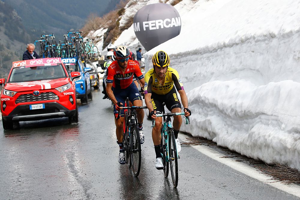 Team Jumbo rider Slovenia's Primoz Roglic (R) and Team Bahrain rider Italy's Vincenzo Nibali (2nd R) ride during stage thirteen of the 102nd Giro d'Italia
