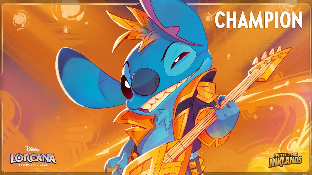 Stitch plays a guitar while winking in artwork from Disney Lorcana