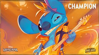 Stitch plays a guitar while winking in artwork from Disney Lorcana