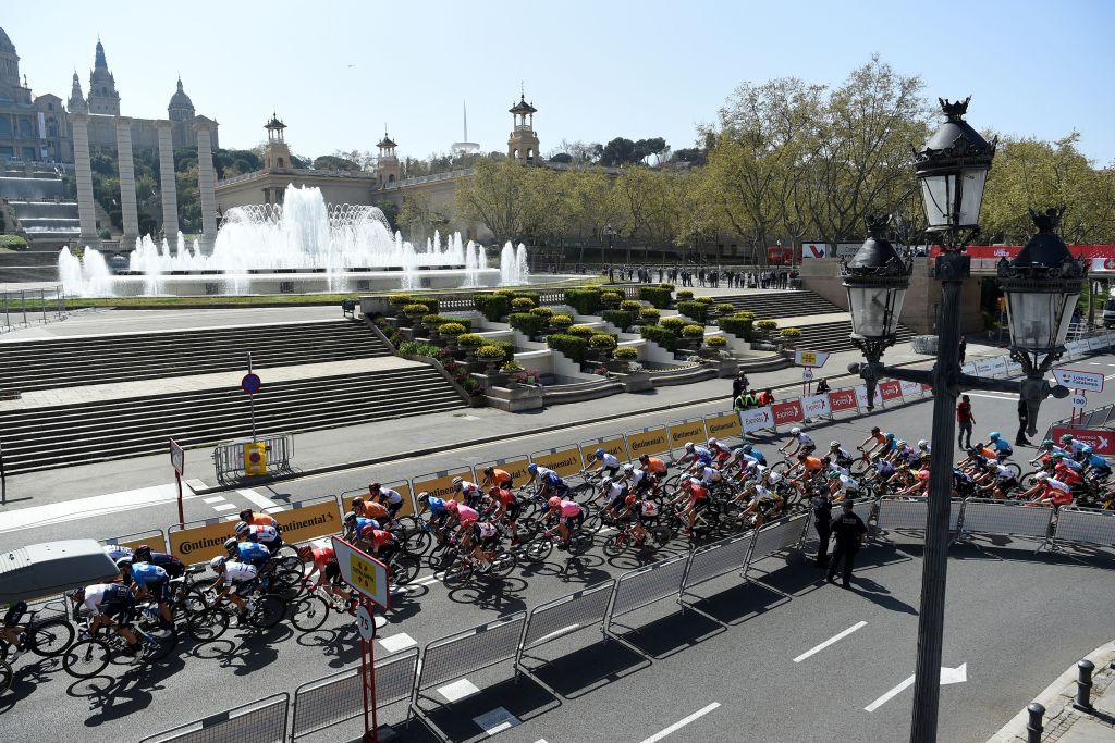 The pack rides during the last stage of the 100th Volta Catalunya 2021 a 133km race starting and finishing in Barcelona on March 28 2021 Photo by Josep LAGO  AFP Photo by JOSEP LAGOAFP via Getty Images
