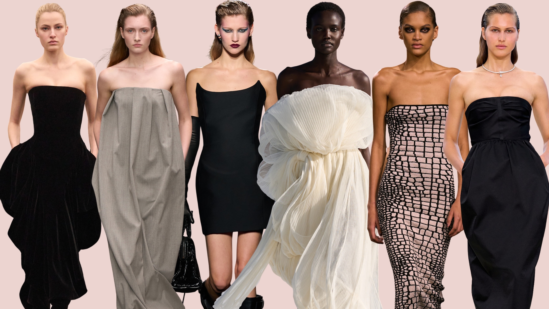 strapless dress trend 2026 runway Alaia, Calvin Klein, Balenciaga, Christian Dior, Elie Saab, Herm&egrave;s