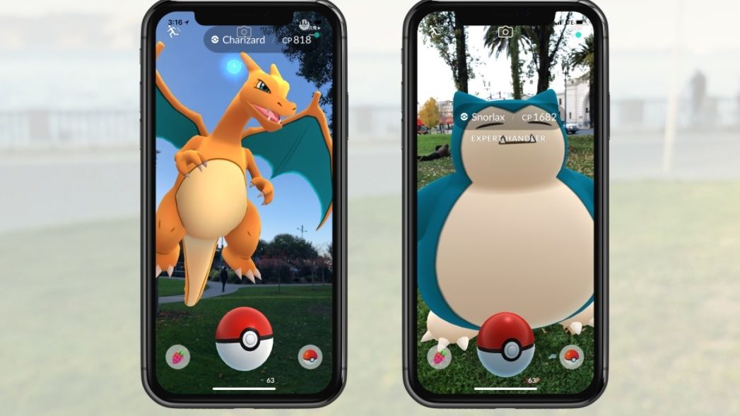 Charizard and Snorlax being caught in Pokemon GO