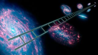 A visual showing various galaxies in pink and blue getting smaller as they go deeper into the image. There's a ladder tracing them all togther.